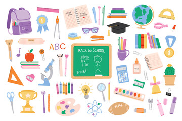 Big set cute supplies. Textbooks, books, notepad, pencils, pens, backpack, globe, rulers, paints, glue and more. Back to school. Accessories for study