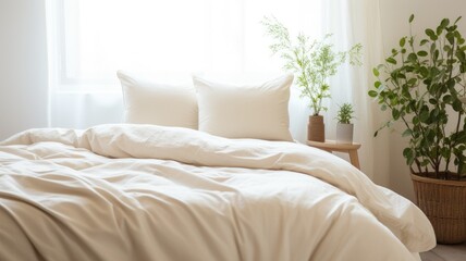 A messy bed with a duvet and two pillows in a bright, sunny room with plants in the background