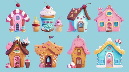 Fototapeta na wymiar Cartoon illustration of gingerbread, muffin, ice cream huts decorated with cherries, icing, chocolate, waffles, fantasy dessert buildings in candy land.