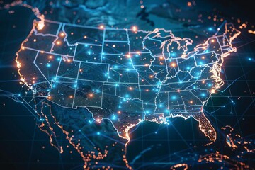 Obraz premium Digital Map of USA with Network Connection created with generative AI