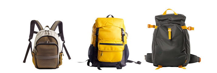 set of different waterproof backpacks for college students, with laptop compartments and ergonomic designs, isolated on transparent background