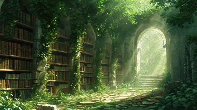 An ancient library in a hidden forest, overgrown with ivy, books filled with forgotten lore, mystical ambiance, sunlight filtering through leaves. Resplendent.