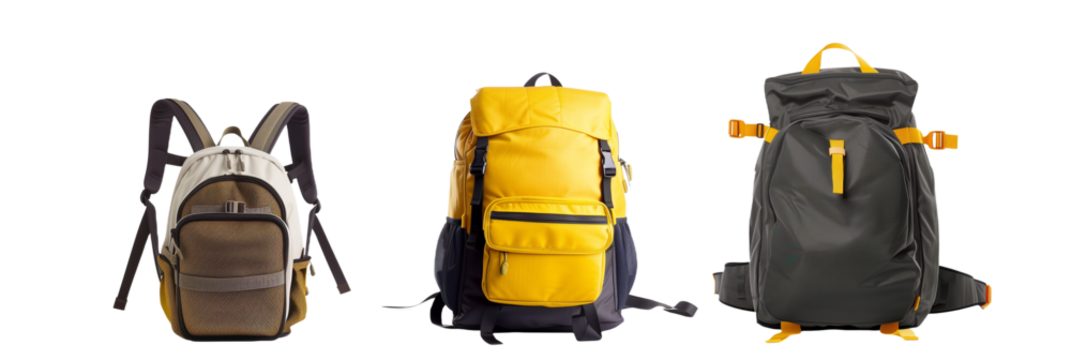 set of different waterproof backpacks for college students, with laptop compartments and ergonomic designs, isolated on transparent background