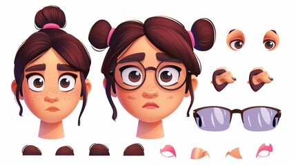 Isolated modern cartoon illustration of a young woman's face. Color hairstyles, ears, eyes, eyebrows, mouth, nose, eyeglasses.