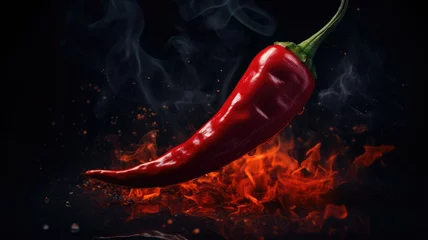 Poster A red hot chili pepper on fire with smoke rising from it. © Mickey
