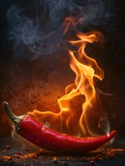 A red chili pepper on fire with smoke rising up.