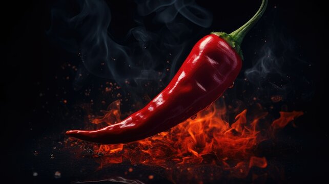 A red hot chili pepper on fire with smoke rising from it.