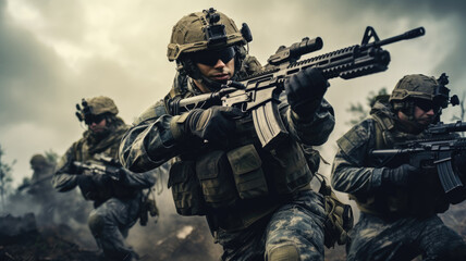 A soldier in full combat gear, armed with an assault rifle, leads his squad through a war zone - obrazy, fototapety, plakaty