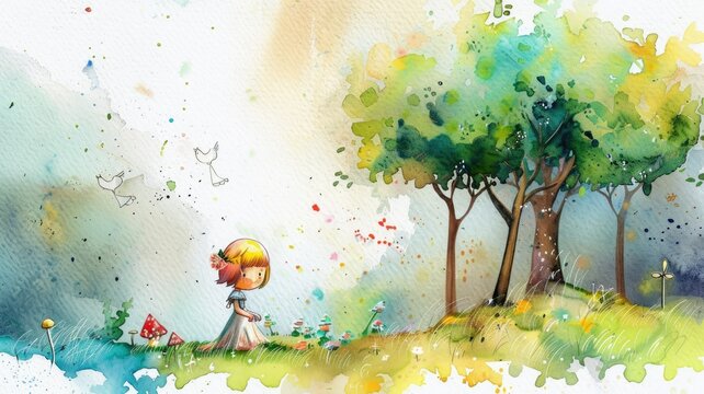 A watercolor painting of a girl in a white dress walking through a forest.