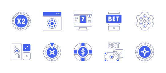 Betting icon set. Duotone style line stroke and bold. Vector illustration. Containing bet, roulette, russian roulette, chip, online gambling, casino, coin.