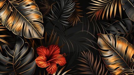 Fototapeta na wymiar Modern illustration of tropical black and gold leaves against a shiny background, with exotic red hibiscus blooms and gold tropic jungle leaves. Invitation card for wedding ceremonies, holiday sales.