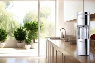High-quality illustration of modern sparkling water dispenser in contemporary setting