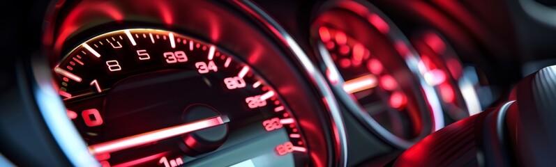 Dashboard of a car with red lights and a clock. Banner