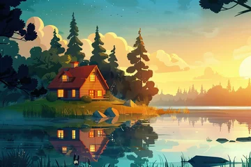 Outdoor kussens Lakeside Retreat, Illustration style landscape © Artgalax
