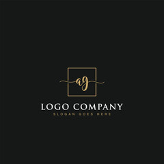 Initials signature letters AG linked inside minimalist luxurious square line border vector logo gold color design for brand, identity, invitations, hotel, boutique, jewelry, photography, company signs