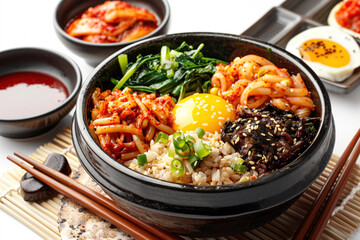 Delicious bibimbap served in a hot stone bowl with side dishes.