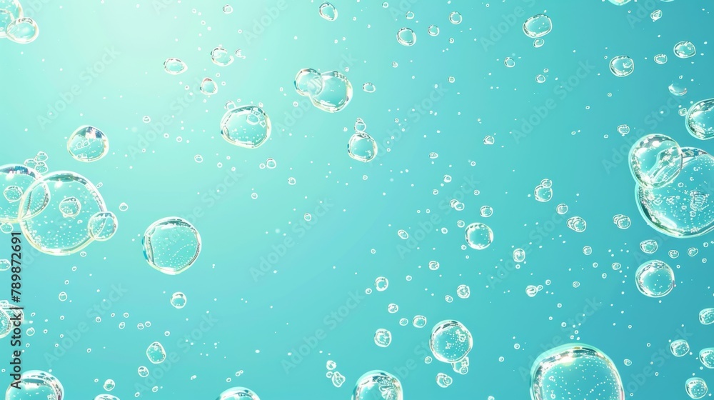Poster this is a realistic 3d modern representation of air bubbles with carbonated motion, a transparent aq