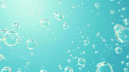 This is a realistic 3D modern representation of air bubbles with carbonated motion, a transparent aqua with fizzing droplets randomly moving and a realistic background.