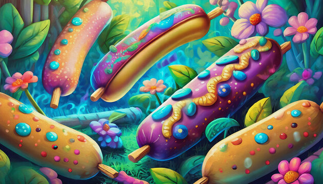 oil painting style cartoon illustration multicolored hot dogs grilling on a summer day,