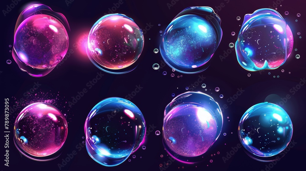 Poster sprites of soap bubbles burst in a game or animation with splashes, drops, and a rainbow. modern sto