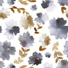 Watercolor floral in grey and mustard brown. Seamless pattern.  - 789873049