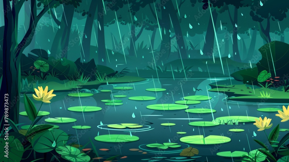 Poster the image consists of a rain pattern in the forest with water lilies floating. a deep woods landscap