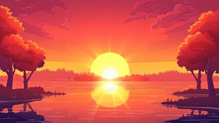An evening heaven view with shining sun on the water, sunset on a lake under red sky, trees surrounding the pond. Cartoon modern illustration of the sun setting over a lake. - obrazy, fototapety, plakaty