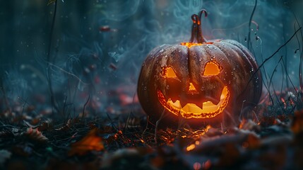 Dark mysteries Halloween pumpkin scary look with copyspace on a grave - obrazy, fototapety, plakaty