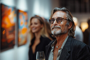 Cheerful wealthy male collector puts on a show of arts and paintings from his private gallery collection, holding glass of wine in hand