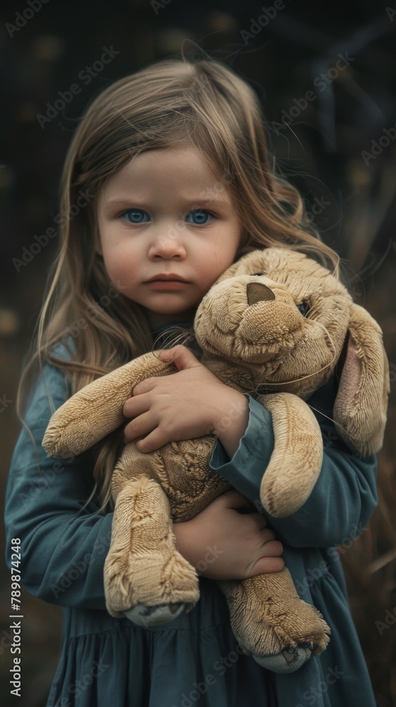 Poster a little girl holding a teddy bear in her arms