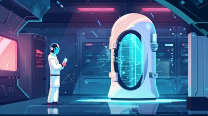 Scientist writing notes in the lab of a futuristic science experiment with an extraterrestrial humanoid, secret project. Modern web banner illustration with alien in cryonics capsule. - obrazy, fototapety, plakaty