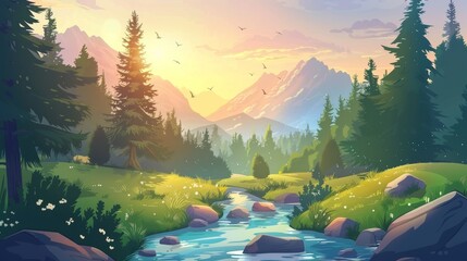 Summer forest with river, grass and mountains on the background. Sunset scene of natural park with streams of water. Modern cartoon evening landscape with spruce trees, stones, and brooks. - obrazy, fototapety, plakaty