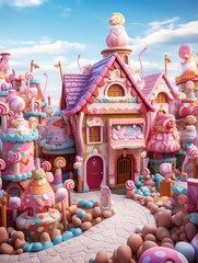 A whimsical digital painting of a candy land with pink and blue candy houses and lollipops.