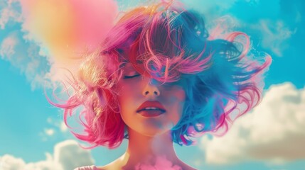 A woman with pink and blue hair blowing in the wind