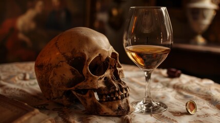 Obraz premium A skull and a glass of wine on a table