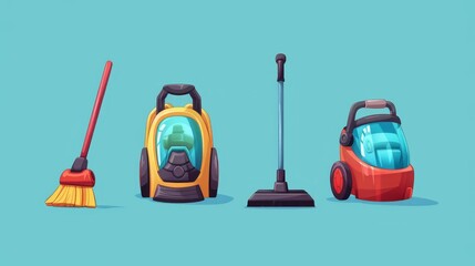 The icons of a broom and a vacuum cleaner represent cleaning - obrazy, fototapety, plakaty