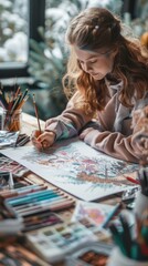 Fototapeta premium A little girl sitting at a table drawing