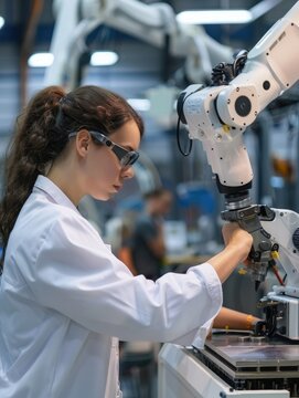 A woman in a lab coat and safety glasses works on a robot.