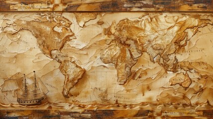 A wooden world map with a 3D effect.
