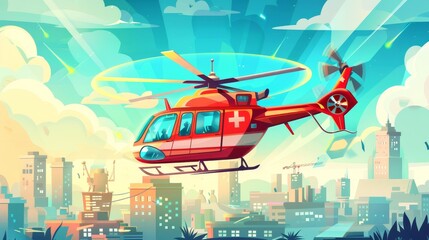 An ambulance service banner. Cartoon illustration of a red helicopter flying in the sky above a city with a cross sign.