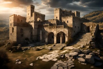 an ancient castle surrounded by ruins, with a sense of history etched into every stone.