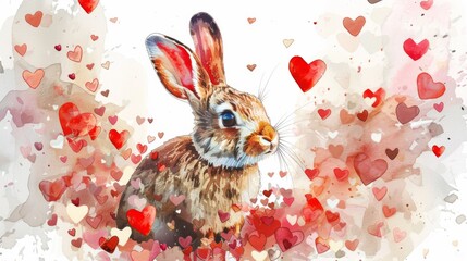 A watercolor painting of a rabbit surrounded by hearts