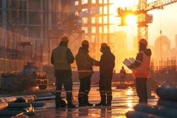 Several construction workers are standing on a construction site at sunset