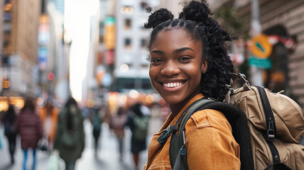 A young woman is smiling while walking down a busy street in New York City. - obrazy, fototapety, plakaty