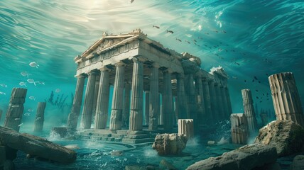 An ancient Greek temple is seen in a state of disrepair, half-submerged in the ocean. - obrazy, fototapety, plakaty