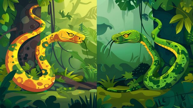 This cartoon web banner set features a bunch of snakes living in the wild in their natural habitat. The cartoon shows the Japanese tree python, Ahaetulla prasinus and Trimeresurus Salazar in their