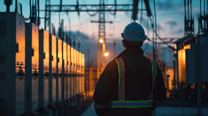 Electrician inspecting high-voltage transformers in a substation