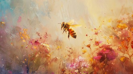 A bee navigating a landscape of rare flowers, delicate touches of color on a fading canvas, in a style of watercolor