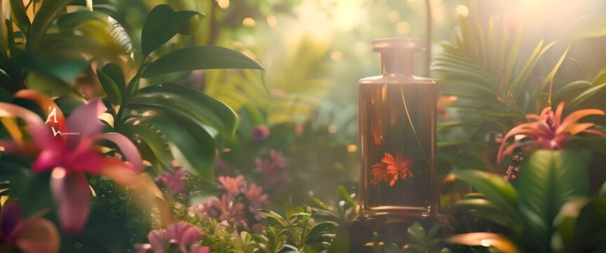 High-end perfume flacon, lush tropical forest aura, vivid greenery and exotic flowers, surreal