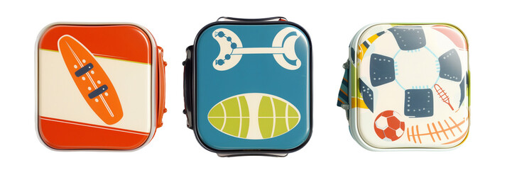 set of different sports-themed lunchboxes for kids, each featuring different sports equipment, isolated on transparent background